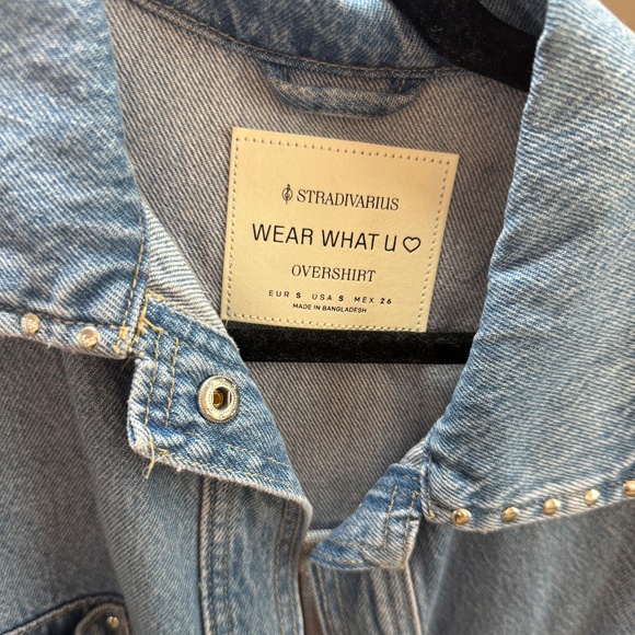 Stradivarius Denim Button Down Over Shirt with Stud Detail - Picture 3 of 5